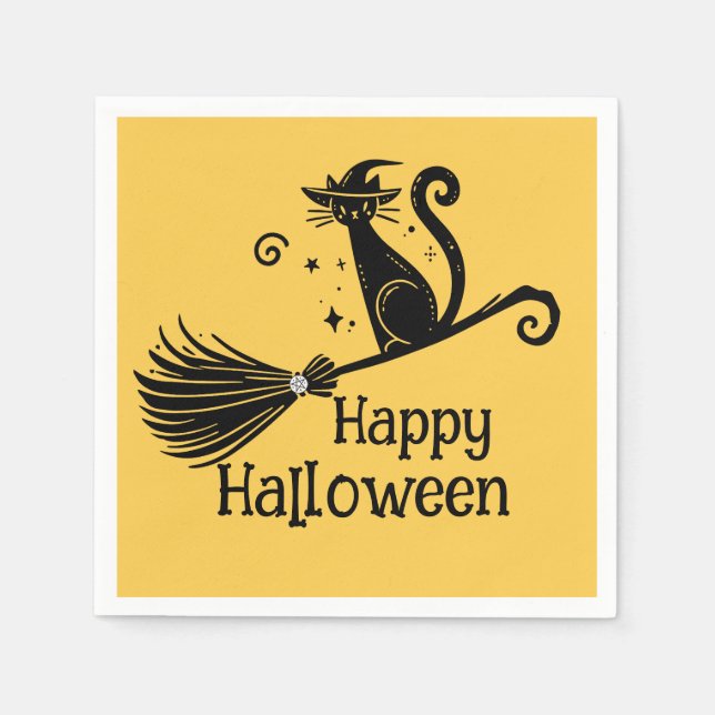 Black Witch Cat on Broomstick Halloween Napkin (Front)