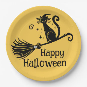 Black Witch Cat on Broomstick Halloween Paper Plate