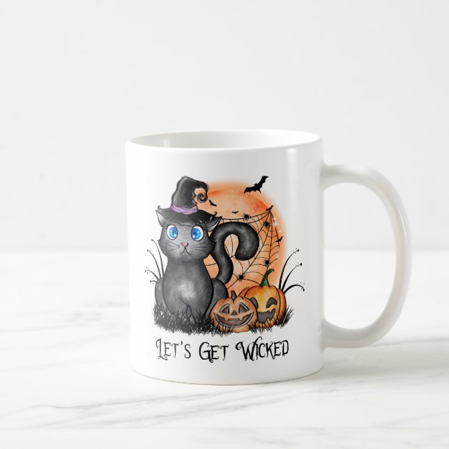 Black Witch Cat with Spider Web & Jack-O'-Lanterns Coffee Mug (Right)