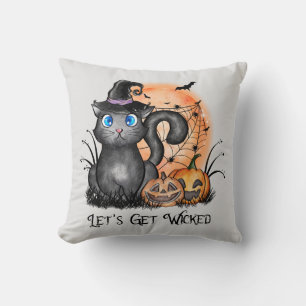 Black Witch Cat with Spider Web & Jack-O'-Lanterns Cushion