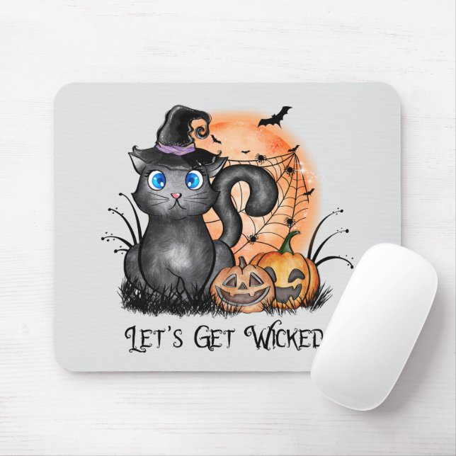 Black Witch Cat with Spider Web & Jack-O'-Lanterns Mouse Mat (With Mouse)