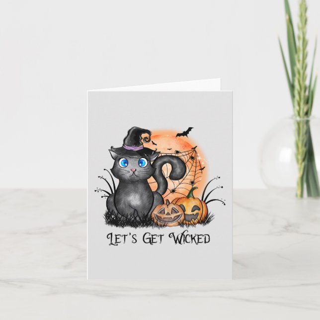 Black Witch Cat with Spider Web & Jack-O'-Lanterns Note Card (Front)