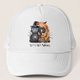 Black Witch Cat with Spider Web & Jack-O'-Lanterns Trucker Hat