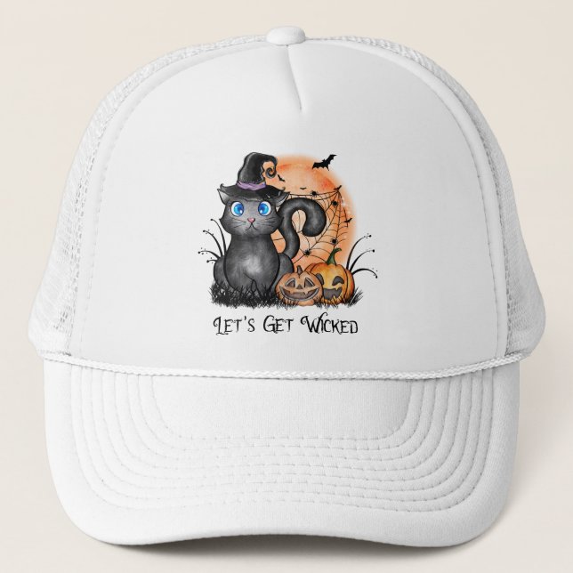 Black Witch Cat with Spider Web & Jack-O'-Lanterns Trucker Hat (Front)
