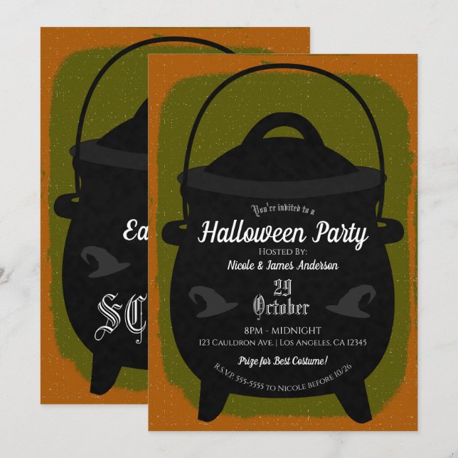 Black Witch Cauldron Orange Green Halloween Party Invitation (Front/Back)