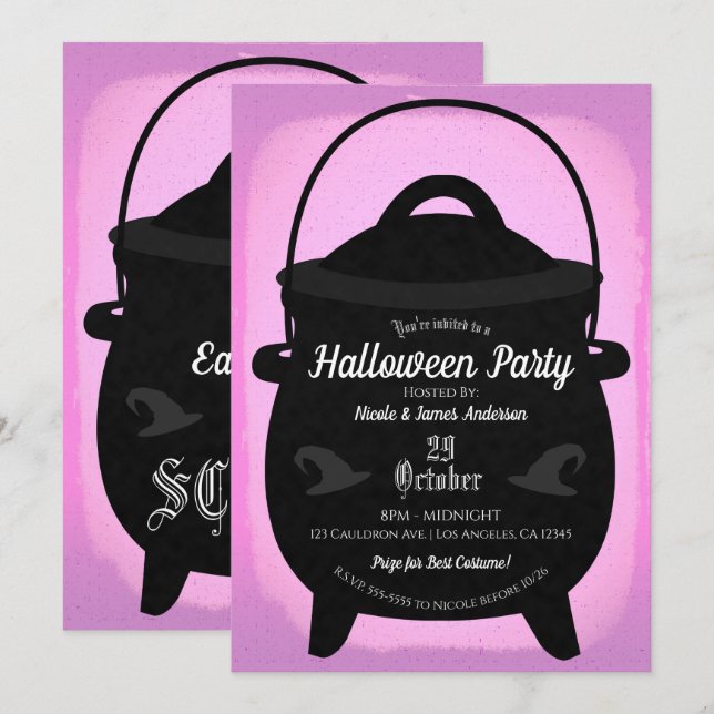 Black Witch Cauldron Pink Halloween Party Invitation (Front/Back)