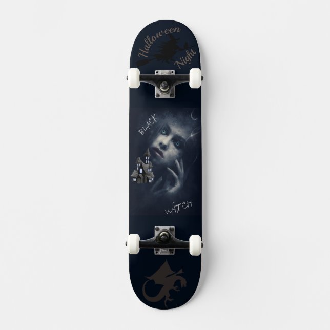 Black witch Halloween Night Haunted Photo  Skateboard (Front)