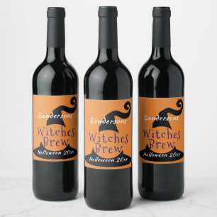Black Witch Hat on Orange Halloween Editable Wine Label