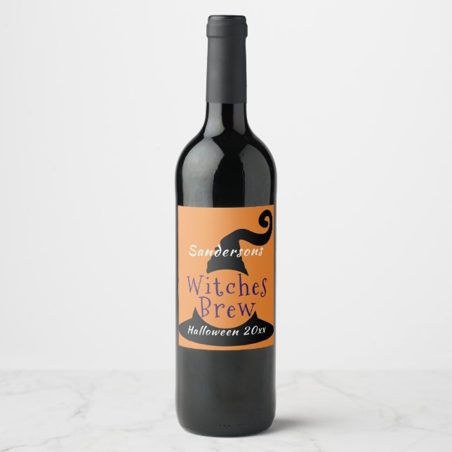 Black Witch Hat on Orange Halloween Editable Wine Label (Front)