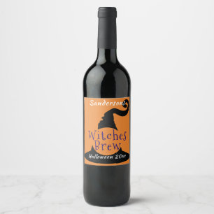 Black Witch Hat on Orange Halloween Editable Wine Label