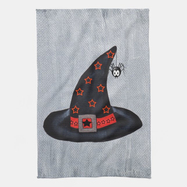 Black Witch Hat Orange Stars Cute Spider Halloween Tea Towel (Vertical)