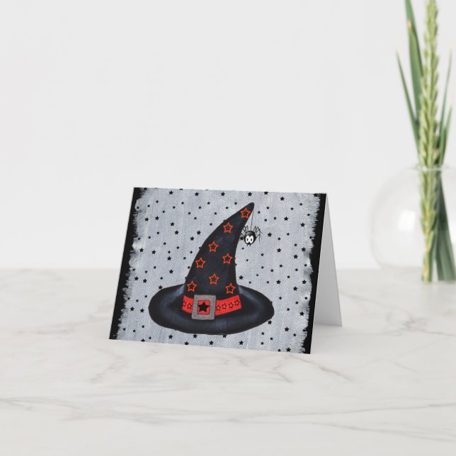 Black Witch Hat Silver Buckle Orange Black Stars Card (Front)