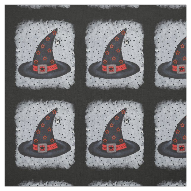 Black Witch Hat Spider Orange Black Stars Fabric (Swatch)