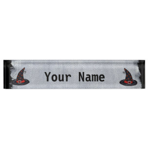 Black Witch Hat Stars Cute Spider Halloween Nameplate