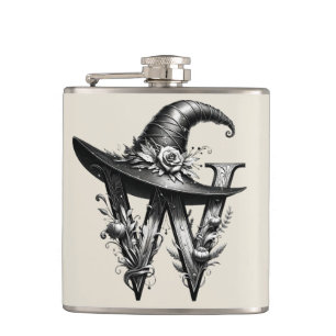 Black Witch Hat Witchy Letter W Custom Initial  Hip Flask