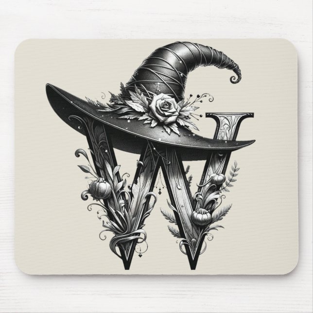Black Witch Hat Witchy Letter W Custom Initial  Mouse Mat (Front)