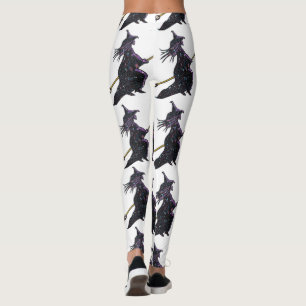 Black Witch on Broomstick White Halloween Leggings