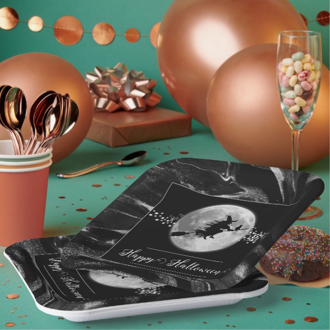Black Witch Silhouette Halloween Paper Plate (Multi)