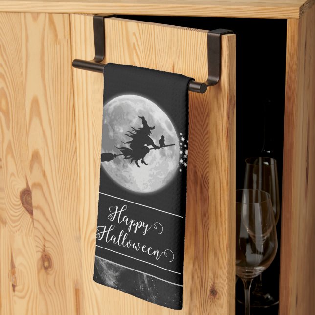 Black Witch Silhouette Halloween Tea Towel (Thirds Fold)