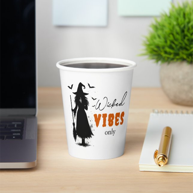 Black Witch Silhouette – "Wicked Vibes Only" -  Paper Cups (Insitu)