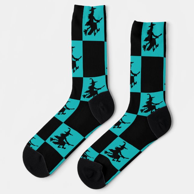 Black Witches Black & Teal Chequered Socks (Left)