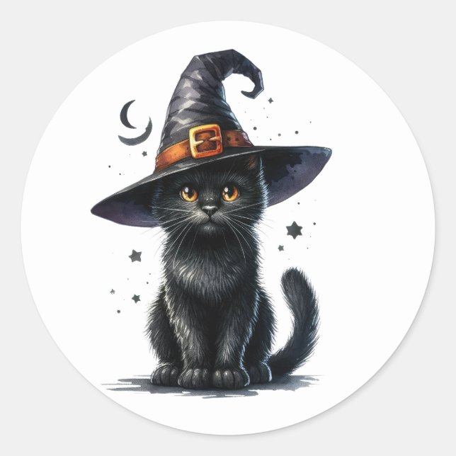 Black Witches Cat Halloween Stickers (Front)