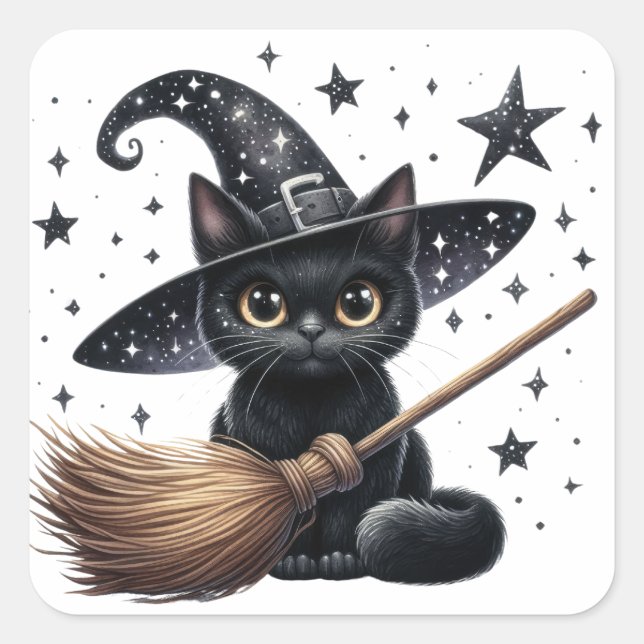Black Witches Cat Halloween Stickers (Front)