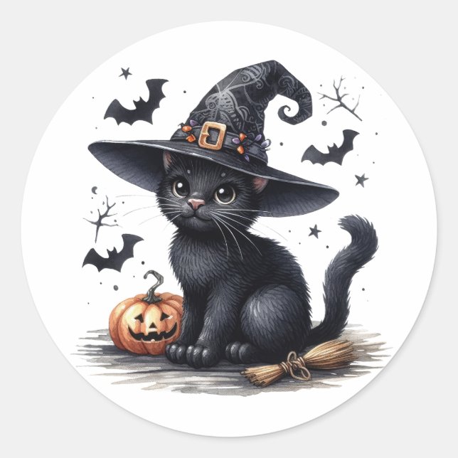 Black Witches Cat Halloween Stickers (Front)