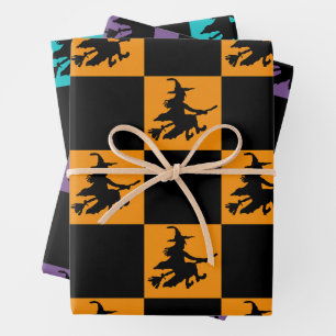 Black Witches on Orange, Purple & Teal Chequered Wrapping Paper Sheet