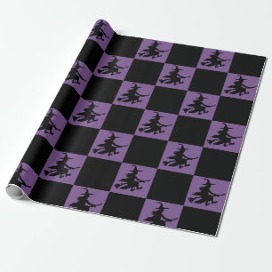 Black Witches on Purple Chequered Wrapping Paper