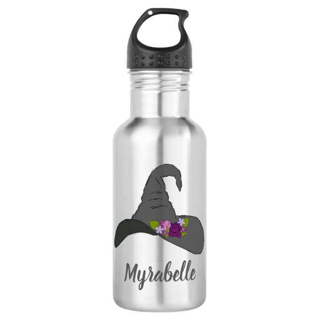 Black Witch's Hat with Flowers Personalised 532 Ml Water Bottle (Front)