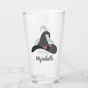 Black Witch's Hat with Flowers Personalised Glass
