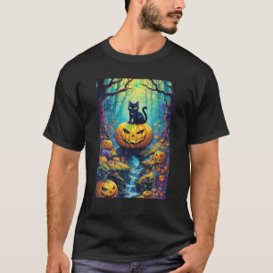 Black Witchy Cat Cute Pumpkin Moon Phases Kawaii P T-Shirt