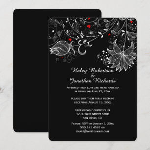 Black with Abstract White Flowers Red Hearts Invitation