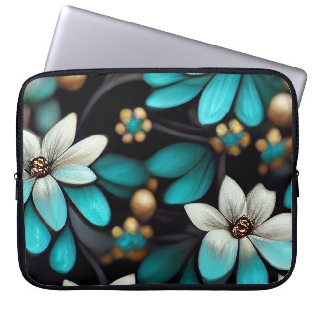 BLACK WITH AQUA & WHITE DELICATE FLOWERS LAPTOP SLEEVE (Front)