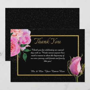 Black with Black Glitter & Pink Roses Gold Wedding Thank You Card