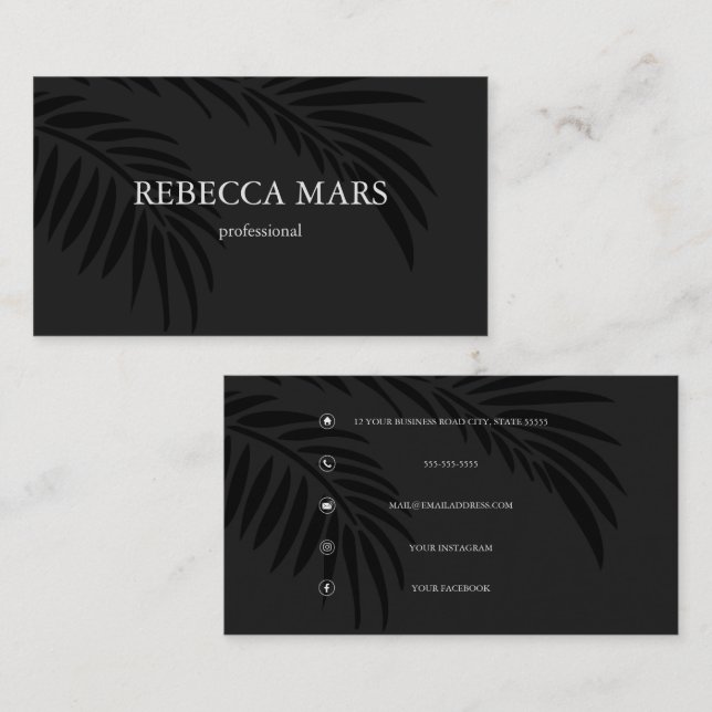 Black with black tropical leaves business card (Front/Back)