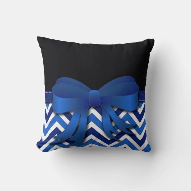 Black with Blue and White Chevron and Blue Bow Cushion (Front)