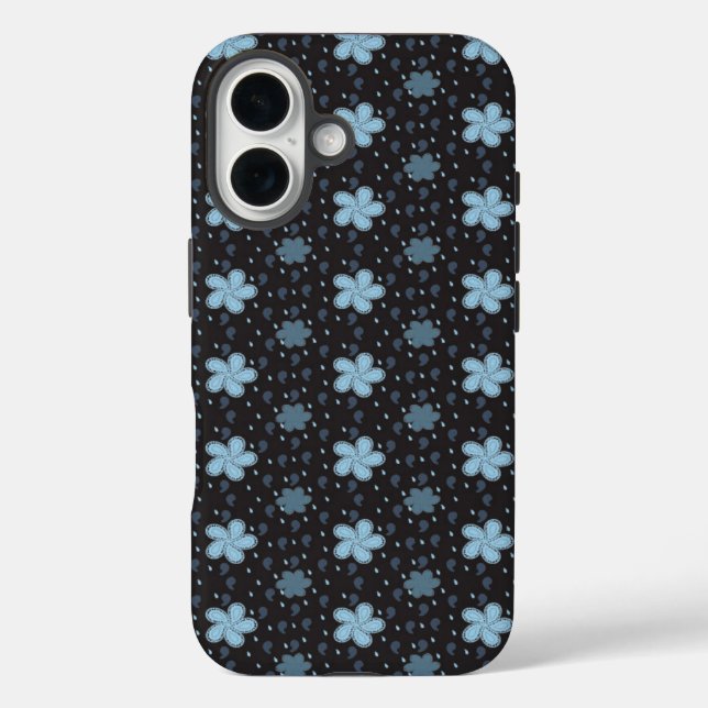 Black with Blue Paisley Flowers iPhone 16 Case (Back)