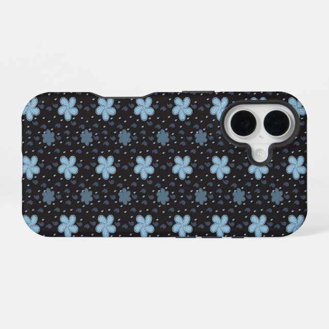 Black with Blue Paisley Flowers iPhone 16 Case (Back Horizontal)