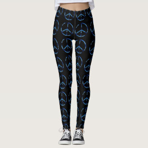 Black With Blue Peace Sign Pattern Custom Leggings