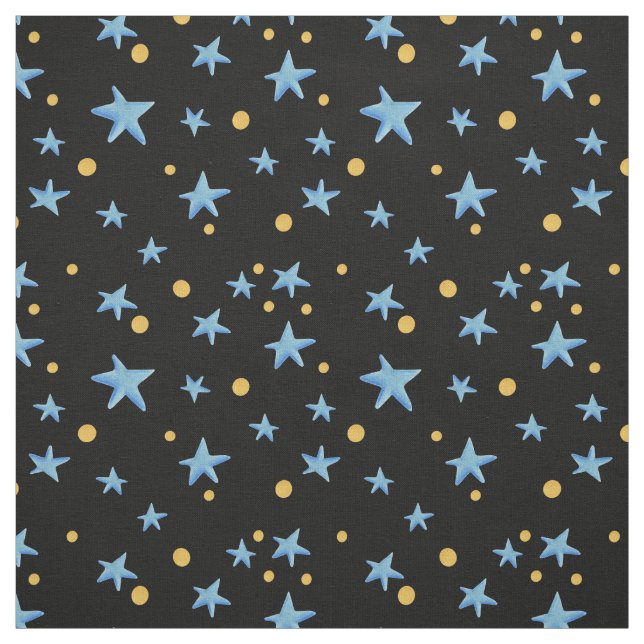 Black with blue stars and yellow dots whimsical fabric (Swatch)