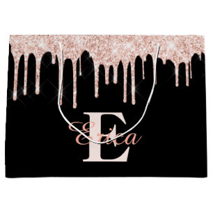 Black with Blush Pink Gold Glitter - Monogrammed Large Gift Bag