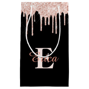 Black with Blush Pink Gold Glitter - Monogrammed Small Gift Bag