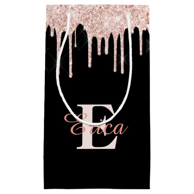 Black with Blush Pink Gold Glitter - Monogrammed Small Gift Bag (Front)