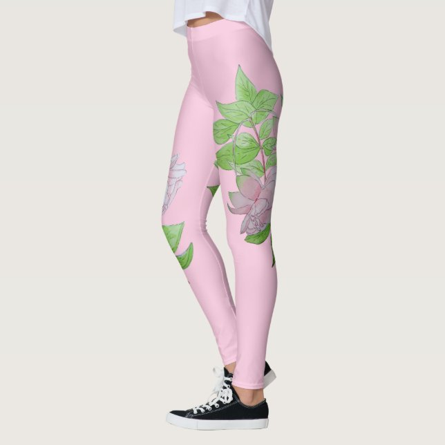 black with bold pink flower pattern floral leggings (Left)