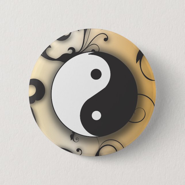 Black with Bronze Yin & Yang with scrolls 6 Cm Round Badge (Front)