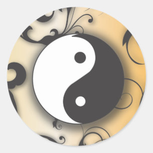 Black with Bronze Yin & Yang with scrolls Classic Round Sticker