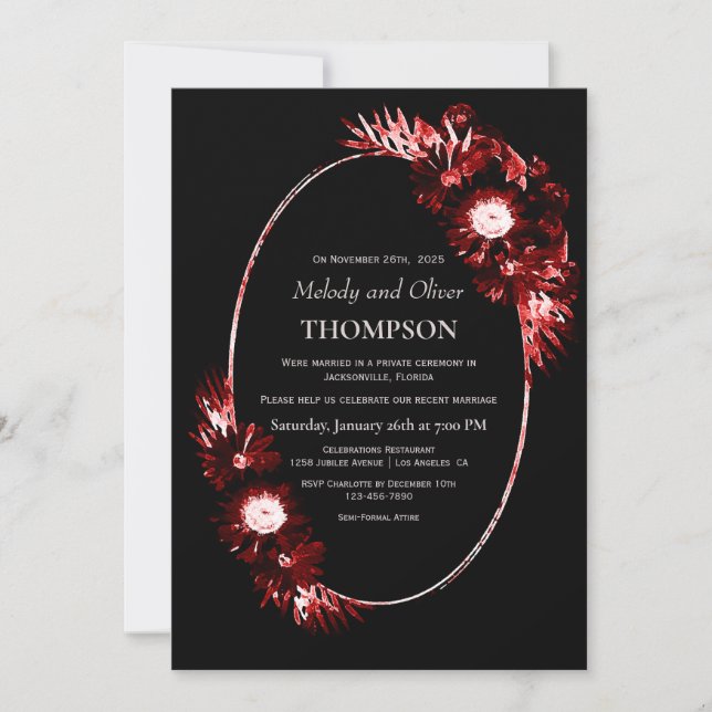 Black with Burgundy Red Floral Wedding Reception Invitation (Front)
