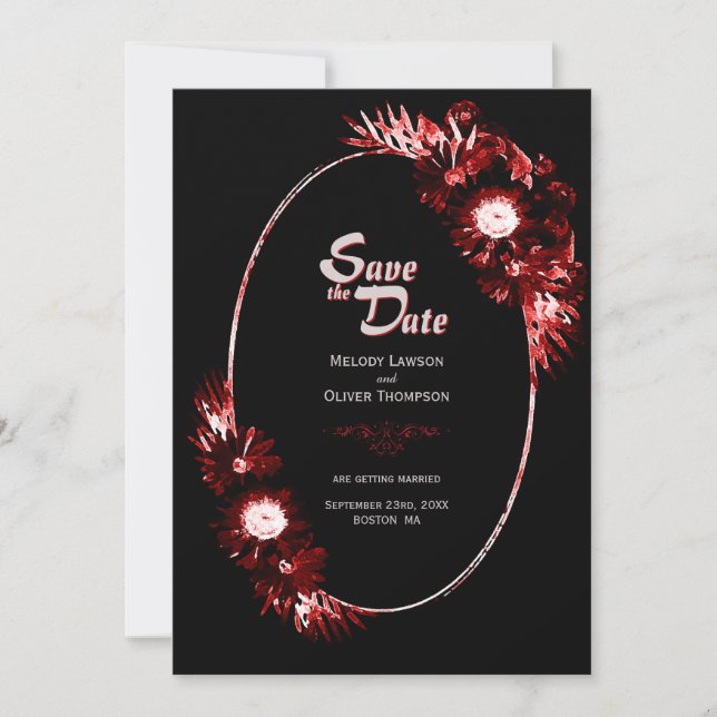 Black with Burgundy Red Floral Wedding Save The Date (Front)